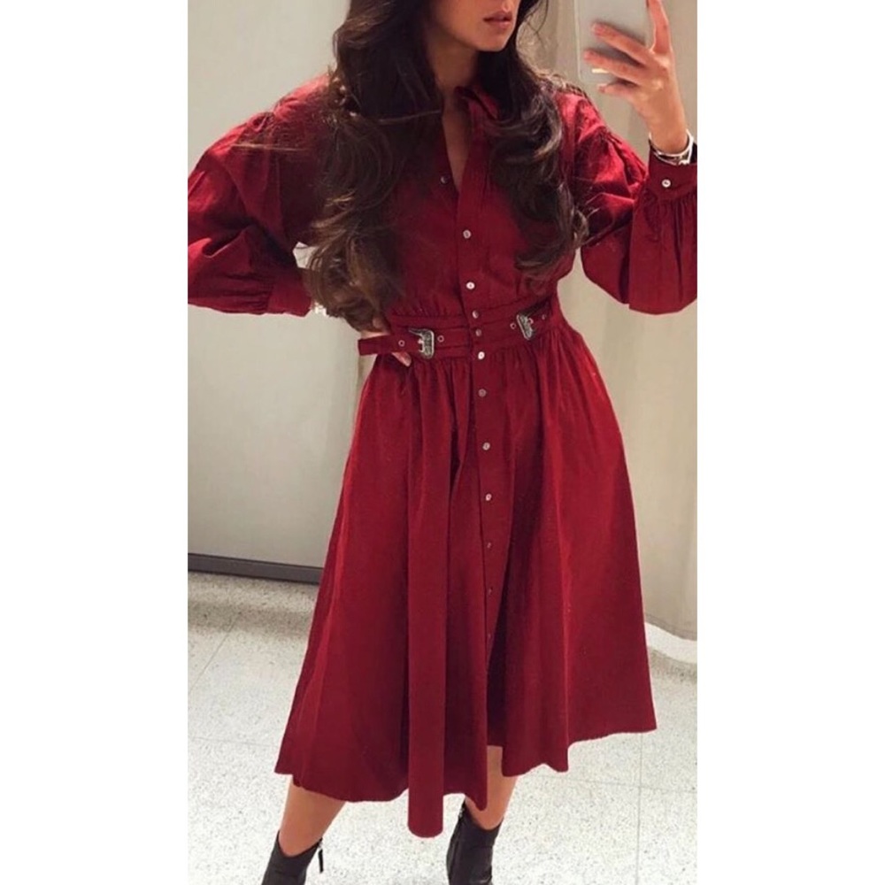 Burgundy Midi Western Buckle Shirtdress